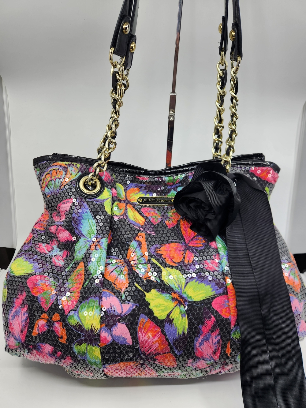 Betsey Johnson Butterfly Sequin Satchel Bag - Black
